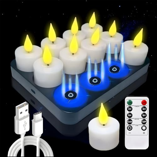 磁気充電フレームレスティーライト リモコン付き - 12個 リアルなLEDキャンドル ちらつきの炎の効果 ホワイト