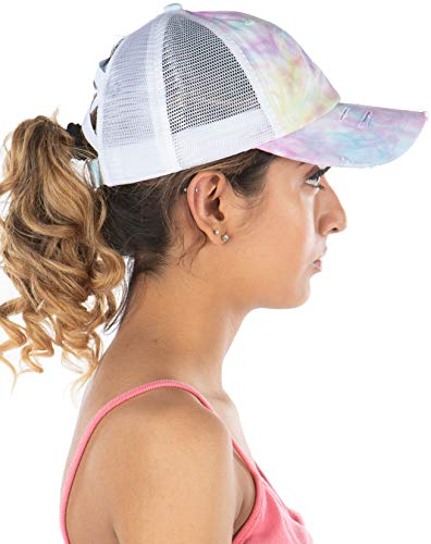 Funky Junque Criss Cross Hat Womens Baseball Cap Distressed Ponytail Messy Bun Trucker Ponycap (Tie Dye - Cotton Candy W/Mesh) #TOP29