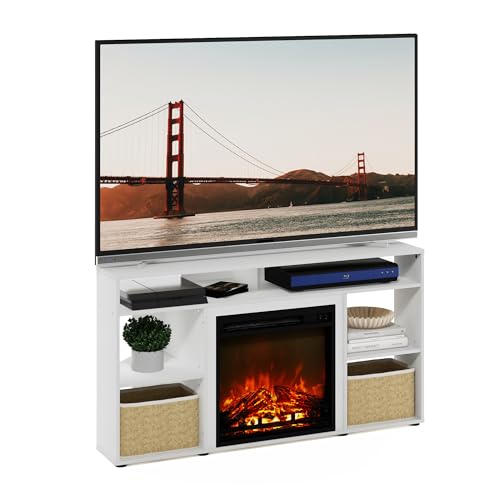 Image of Furinno Jensen Corner Stand with Fireplace for TV up to 55 Inches, 55-Inch, Solid White