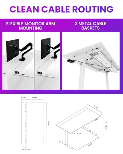 Image of Arozzi Arena Nordico Gamer Desk - 55x27.6 inch Electric Standing Table - PC Gaming Desk with Storage for Cables - Dual Cable Baskets, Split Tabletop, Monitor Arm Friendly - White