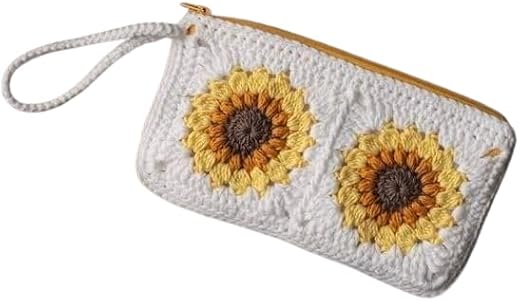 ZORA CRAFT Handmade Crochet Sunflower Wristlet Pouch – Boho Zipper Bag 11 X 7 Inches Pack of 1