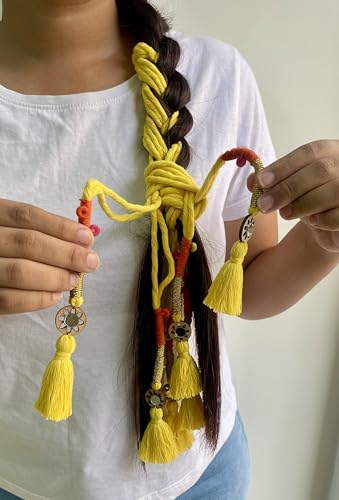 Image of Zippy Flora Neelima Parandi (Yellow) | Traditional Boho Handmade Paranda Hair Accessory with Braid Tassels | Women's Ethnic Hair Extension for Choti, Braids & Patiala Shahi Hairstyles