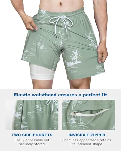 Image of SURF CUZ Mens Swim Trunks with Compression Liner Swim Shorts 7 inch Swimming Trunks Stretch 7 Inch Swim Suits Quick Dry