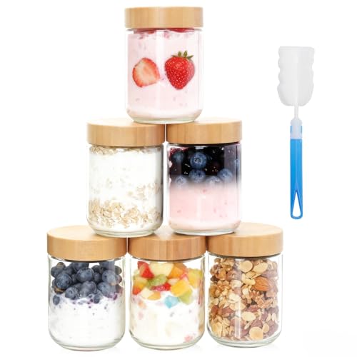 AiQInu 6 Pack Overnight Oats Jar 16oz/480ml, Vasos Yogurtera con Tapa, Herméticos, Aptos Lavavajillas, Tarros de Cristal con tapa para Batido, Mermelada, Especias, Preparación de Comidas