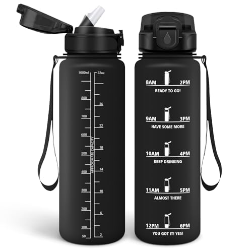HoneyHolly Botella Agua 1 Litro, Libre de BPA & Prueba de Fugas, Botella de Agua, con Pajita, Botella Agua Gimnasio, con Marcador de Tiempo, Cantimplora para Sport, Bicicleta, Gimnasio, Escuela