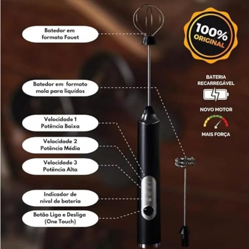 Misturador Bebidas Ovos Mini Mixer Fuê Forte Portátil Elétrico Recarregável (Preto)