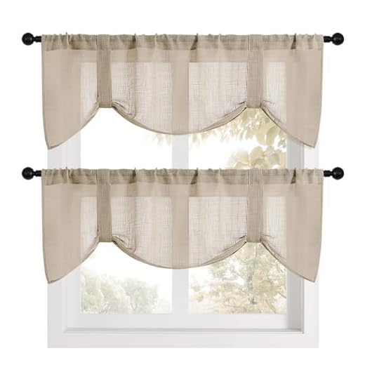 Home Queen Semi Sheer Burlap Tie Up Valances, Super Soft Farmhouse Kitchen Window Treatment for Bedroom and Living Room, 2 Pack, W54 X L20 Inches, Taupe