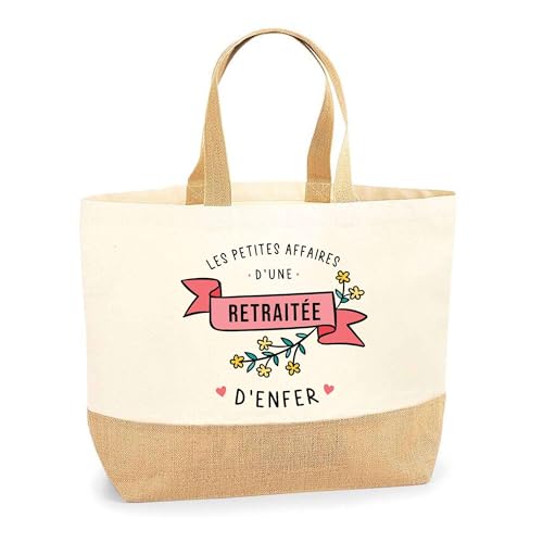 Planetee Sac Les Affaires d'une retraitée d'Enfer | Cabas de Plage Courses Coton et Toile de Jute Idée Cadeau Femme