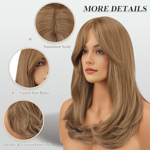 Image of FESHFEN Blonde Wigs with Bangs, Synthetic Natural Looking Mixed Blonde Long Layered Straight Hair Wig for Women Daily Party Use, 18 inch
