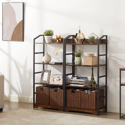 Vagusicc 4 Tier Bookshelf With 2 Storage Baskets, Tall Bookcase Shelf Storage Organizer Wood Book Shelf, Modern Shelf Rack Shelves With Steel Frame, Multipurpose Bookshelf For Bedroom Living Room #TOP1