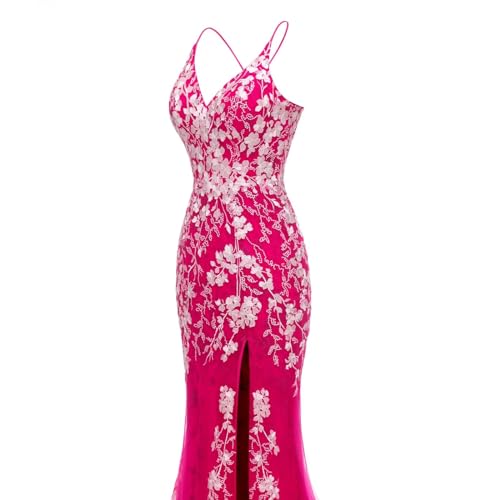 Image of Long Spaghetti Straps Tulle Mermiad Prom Dress V Neck Lace Appliques Formal Dress with Slit SF203