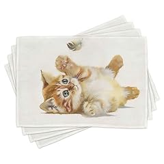 ABAKUHAUS Stuoie del posto DELL'animale di 8 Pezzi, gatto sveglio che gioca con la piuma Nell'arte disegnata a mano Dell'illustrazione Dell'acquerello, caffè pallido