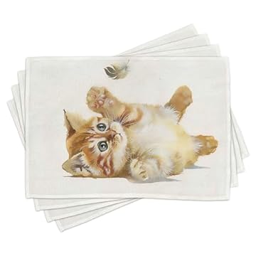 ABAKUHAUS Stuoie del posto DELL'animale di 8 Pezzi, gatto sveglio che gioca con la piuma Nell'arte disegnata a mano Dell'illustrazione Dell'acquerello, caffè pallido