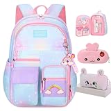 Jcobvig Rainbow Backpack For Girls Kids,Cute Student School Backpack With Pen Bag,Blue Aesthetic Starry Rainbow Laptop Travel Bag (Blue Medium 16.5in