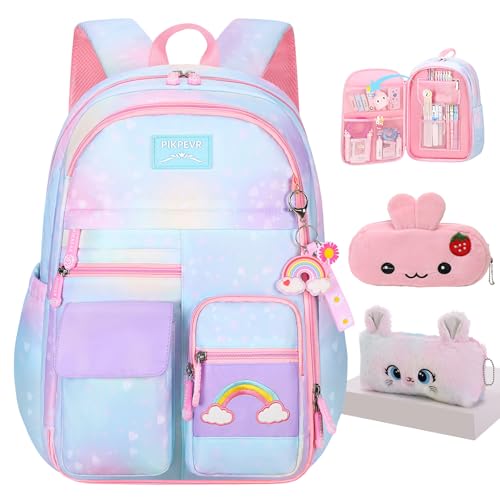 Jcobvig Rainbow Backpack For Girls Kids Cute Student School Backpack With Pen Bag Blue Aesthetic Starry Rainbow Laptop Travel Bag (Blue Large 17.5in