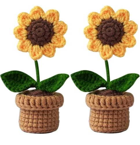 Image of Artificial Crochet Flower Bouquet Handmade Cotton Flowers Bunch for Home Decor, Gift for Girls, Wedding, Festival Decoration, Long Lasting Floral Arrangement (Sunflower Crochet Pot)