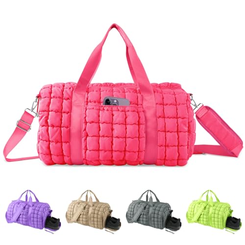 Image of Quilted Travel Duffle Bag Gym Bag for Women,Large Puffer Duffle Weekender Bag with Compartment,Workout Overnight Carry on Organizer Bag Duffle Bag for Airplane Travel(L-Rosered)
