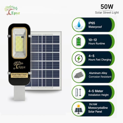 Image of Epyz 50W Semi-Integrated Solar Street Light for Outdoor, IP65 Waterproof with Remote Control, Dusk to Dawn Auto On /Off, 128 LED, 6000mAh Battery, Aluminium Body for Garden, Street, Lawn, Cold White