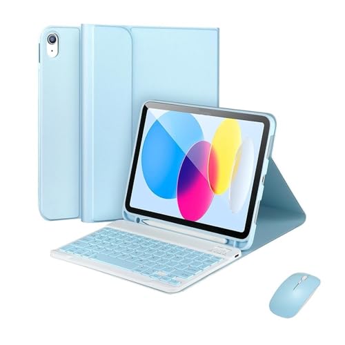 Teclado y funda iPad Pro 11 en color azul cielo pastel con ratón inalámbrico ergonómico
