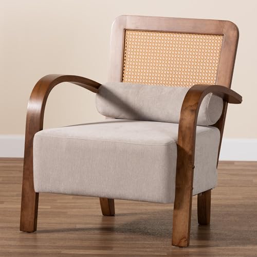 Baxton Studio Sage Modern Japandi Light Grey Fabric and Walnut Brown Finished Wood Arm Chair with Woven Rattan by Baxton Studio - Used condition - Image 9