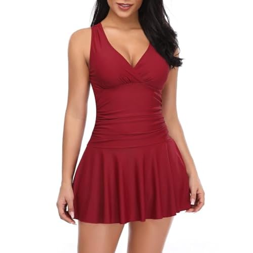 SHEKINI Damen Einteiliger Badeanzug Badekleid Rückenfrei Baderock Ruched Bauchweg Bauchkontrolle Tankini Damen Strandbadeanzug Bademode Großer Größe Schwimmrock (Large, Weinrot)