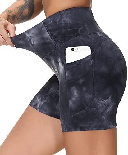Dragon Fit High Waist Yoga Shorts for Women with 2 Side Pockets Tummy Control Running Home Workout Shorts (Large, Tie Dye Black Grey)