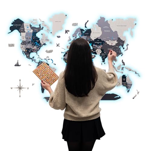 Enjoy The Wood 3D LED Wood World Map 3.0 with Luminous Option - Wall Art Home Decor Gifts - LED Lighting Wall Decor Housewarming Gift Idea - Travel Wooden Maps with Backlighting (Nordik)
