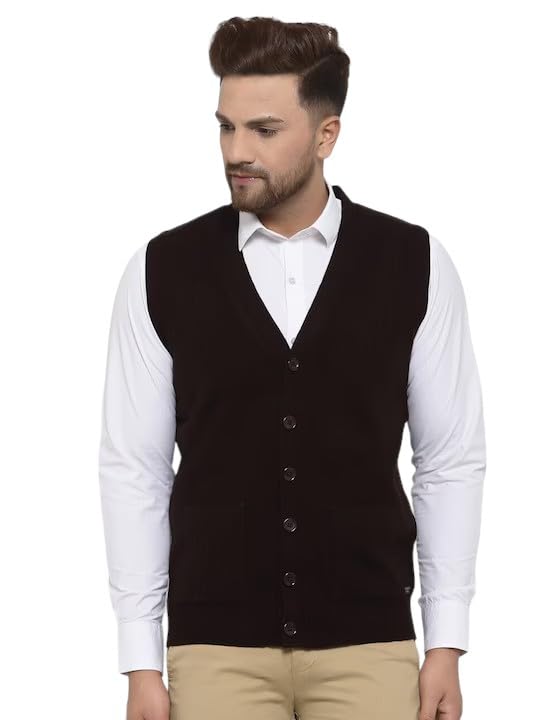 513 Men's Acrylic V-Neck Sleeveless Buttoned Cardigan Sweater – Plain Solid Knit with Front Pockets-picture-22