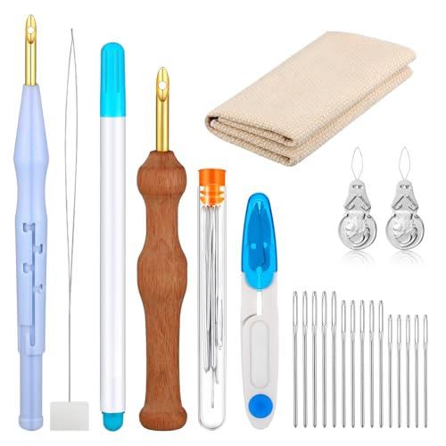 WILLBOND 17 Pcs Punch Needle Kit Adjustable Punch Needle Tool Include Wooden Handle Embroidery Pen...