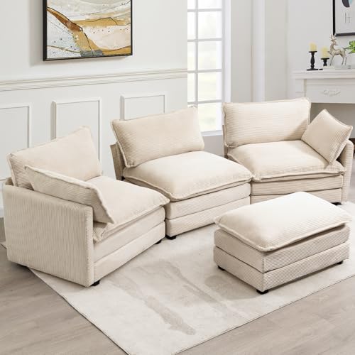 ROWHY Oversized Modular Sectional Sofa with Movable Ottoman, 112 Inch 4 Seat Modern Corduroy Sofa Set, Convertible L Shaped Couch for Living Room and Office, Beige