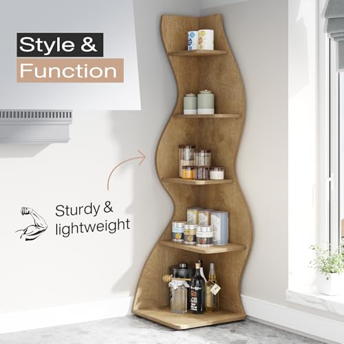 Image of Tribesigns Corner Shelf, Modern 5-Tier Wall Corner Bookshelf, Stylish Corner Small Bookcase Storage Rack Plant Stand with Unique Shape for Living Room, Home Office (Light Brown, 1PC)