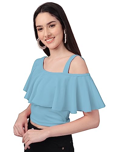 Image of Mehrang Women's Casual Solid Flared Crop Top Round Neck Stretchable Blend for Women /Top for Girls