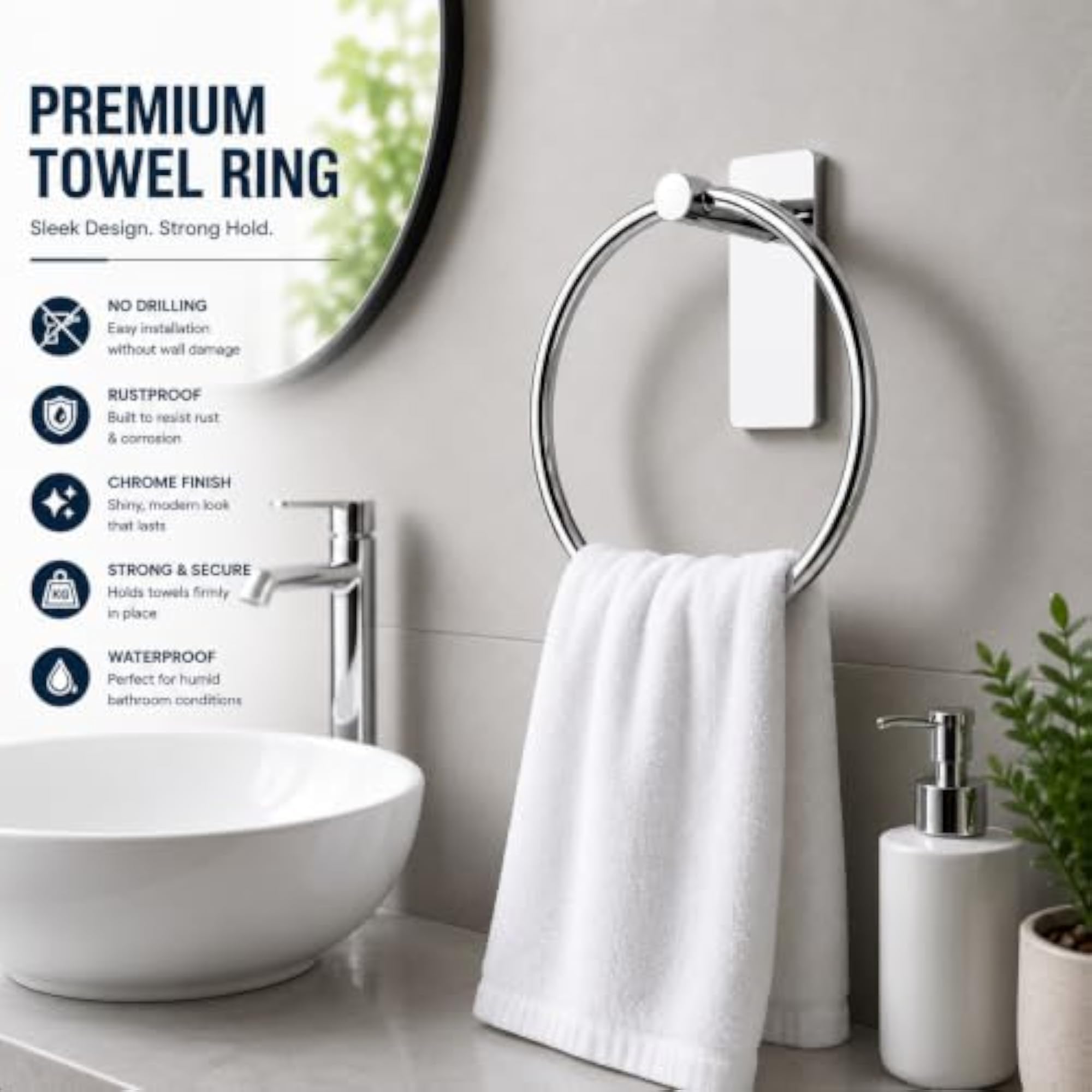 Stainless Steel Self Adhesive Towel Ring Holder, No Drill
