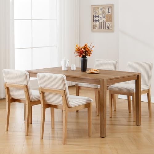Farmhouse Wooden Dining Chairs with Rectangular Backrest, Mid Century Linen Fabric Upholstered Dining Room Side Chairs Set of 2 for Kitchen Island/Living Room/Restaurant, Beige