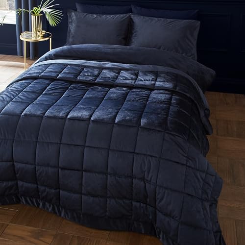 Catherine Lansfield Kingsley Matt Velvet Quilted 220x220 cm Bedspread Navy Blue