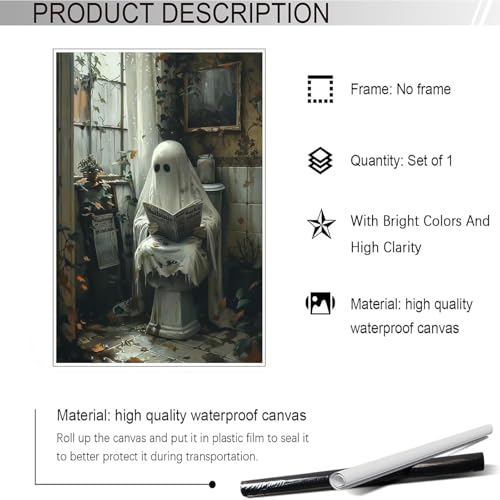 Horakey Retro Ghost Poster Farmhouse Halloween Wall Art Ghost Sitting On The Toilet Reading A Book Dark Academia Pictures Prints Painting For Home Bedroom Dorm Wall Decor 12X16In Unframed thumb #6