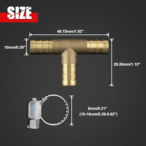 GOLD DEER 2PS 3/8" Brass Barb Tee Fittings ID Hose Pipe Fitting T-Shaped 3 Ways Hose Barb Reducer 3 Way Union Intersection Fitting Barbed Tee Connector with 6 PCS Hose Clamp for Oil Water Air - Image 3