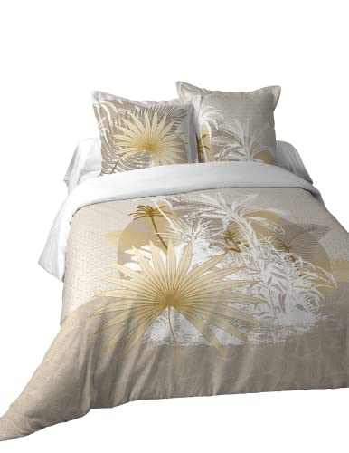 Lovely Casa - Housse de Couette Maldives 260 x 240 cm et 2 taies d'oreiller 63 x 63 cm, 100% Coton 57 Fils, Certifiée Oekotex - Naturel, Voyage, Palmier, Jaune, Or HP4B095001