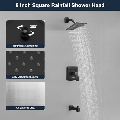 Juego de grifería para bañera y ducha, juego de grifo de ducha negro mate con válvula, cabezal de ducha lluvia cuadrado de 8 pulgadas y salida para bañera, sistema de ducha de latón completo para bañera miniatura 3
