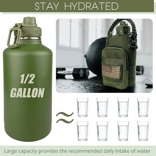 Image of 64 Oz Insulated Water Bottle with Sleeve (All Military Green) - Half Gallon Water Jug with Handle - Stainless Steel Sports Water Bottle for Gym Workout Hiking Tactical Bottle with Pouch