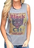 Women Black Cat Firework Shirt Funny Sleeveless Cat Graphic Tee Letters Print Shirt Blouse (L, Gray)