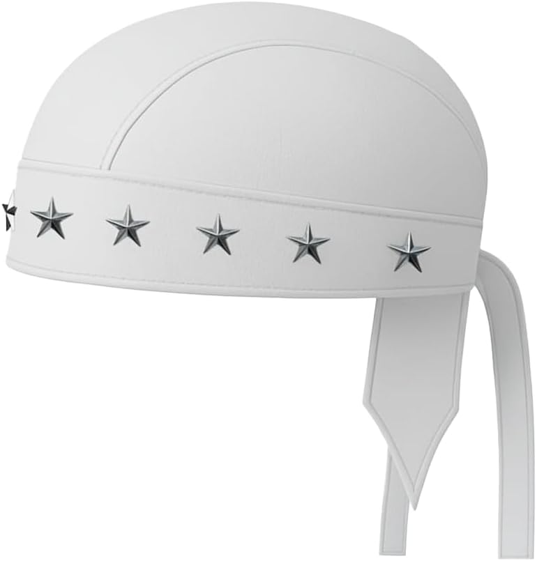 Sheep Leather Skull caps in Black Sweat Head Wraps Studded Skull Cap Bandana Style in Real Do Du Rag Leather Doo Rag Motorcycle Biker Cap White Star ICE Club Shop