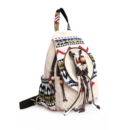 XIAOLZSL Women's small backpack, Fashionable canvas casual women's mini backpack, Hand-woven three-dimensional literary mini hippie bohemian cute double-er bag