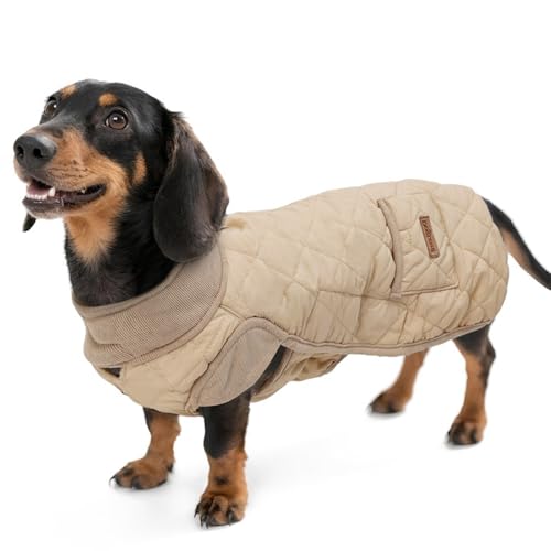 Duuclume, cappotto lungo per cani bassotti - tuta impermeabile e antivento calda per esterni, gilet regolabile con tasca e foro per guinzaglio (Beige, M)