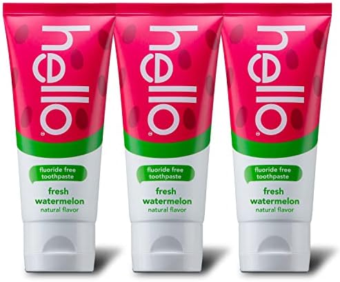 Hello Natural Watermelon Flavor Baby & Kids Fluoride Free Toothpaste, Vegan, SLS Free, Gluten Free, Safe to Swallow for Baby and Toddlers, 4.2 Ounce. 3 Pack