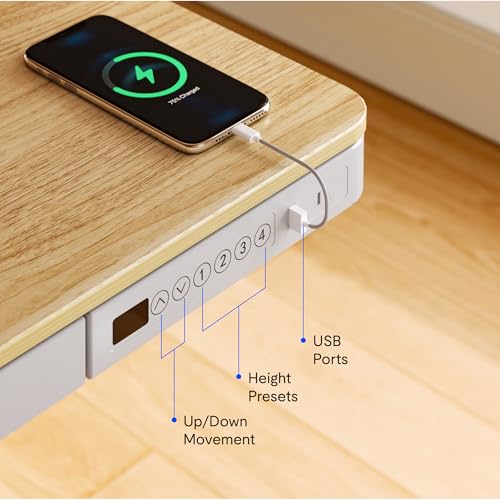 Image of FLEXISPOT Electric Standing Desk with Drawer Storage Adjustable Height Quick Assembly Table w /USB Charge Ports, Child Lock （Natural Desktop + White Frame）