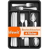 Lifewit kleiner Besteckkasten für Schubladen, 4 Fächern Besteck Organizer, 20 x 32 cm Schublade Organizer Küche, Besteckeinsatz Utensilienhalter aus Kunststoff für Löffe/Gabeln/Messer, Schwarz