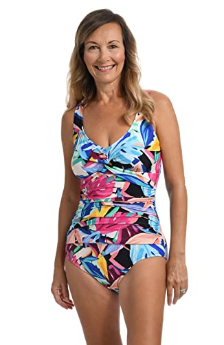 Maxine Of Hollywood Women's Standard V-Neck Twist Front Shirred One Piece Swimsuit, Multi//Party Palm, 18 #TOP10
