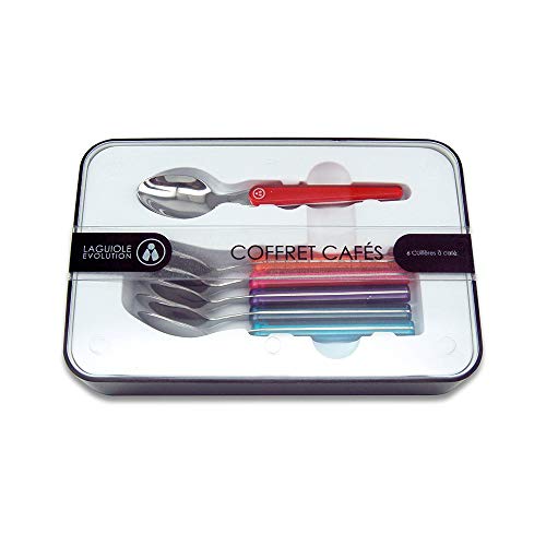 Laguiole Évolution - Coffret de 6 cuillères à café en acier inoxydable - Petites cuillères manche en ABS couleurs panachées multicolores - Set de couverts de table