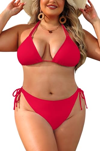 Daci Women Plus Size Triangle Bikini Sets Two Piece Double Straps Halter Swimsuit Side Tie String Sexy Bathing Suits Red XL